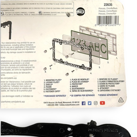 Black & Chrome Princess License Plate Frame & Diamond Bling Fasteners New - Picture 10 of 16